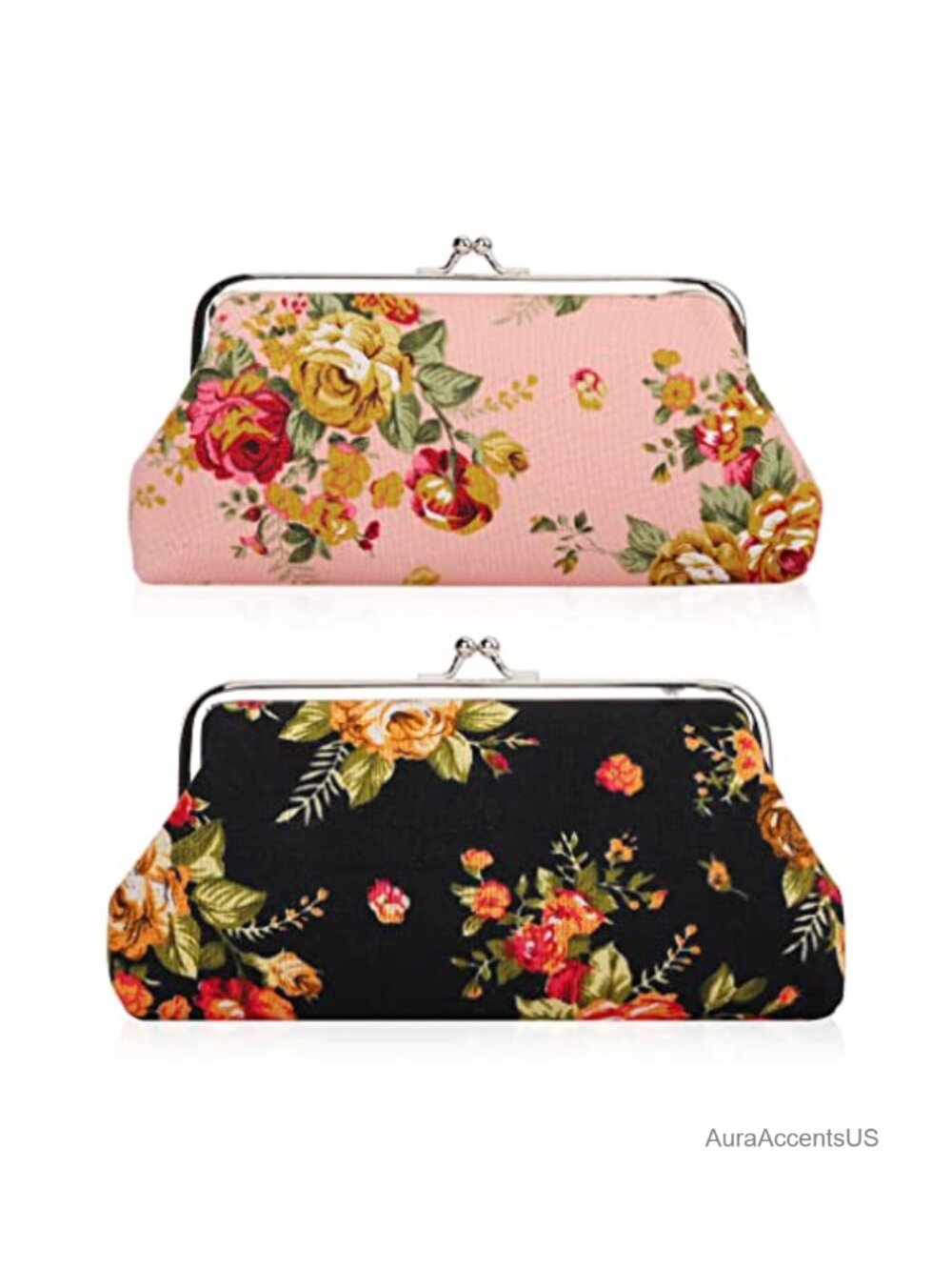 Canvas Kiss Lock Coin Purse Floral Clasp Wallet Cell Phone Pouch Clutch 2 Pack